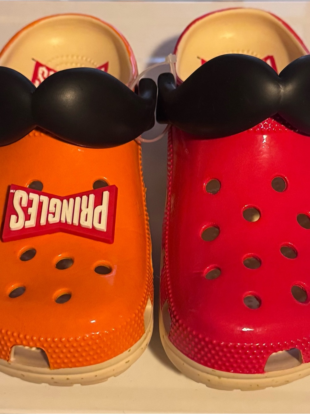 Pringles Crocs Orange and Red Sandals with Black Moustache